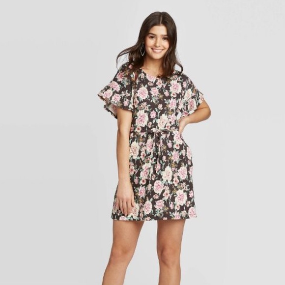 Xhilaration Floral Short Sleeve Tie Waist Dress - Picture 1 of 4
